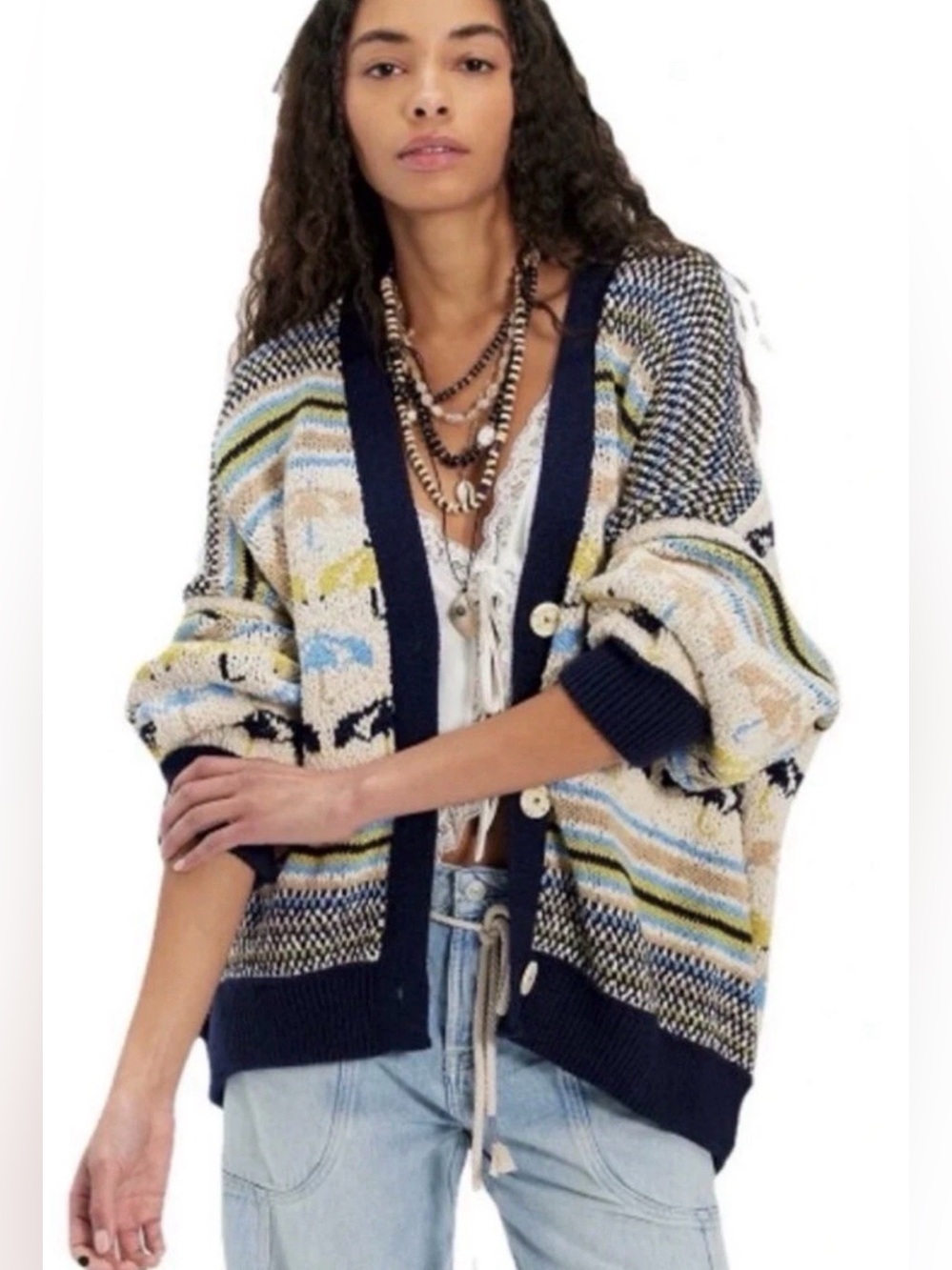 Free People Umbrella Day Cardigan We The Free Button Oversized Ivory Combo